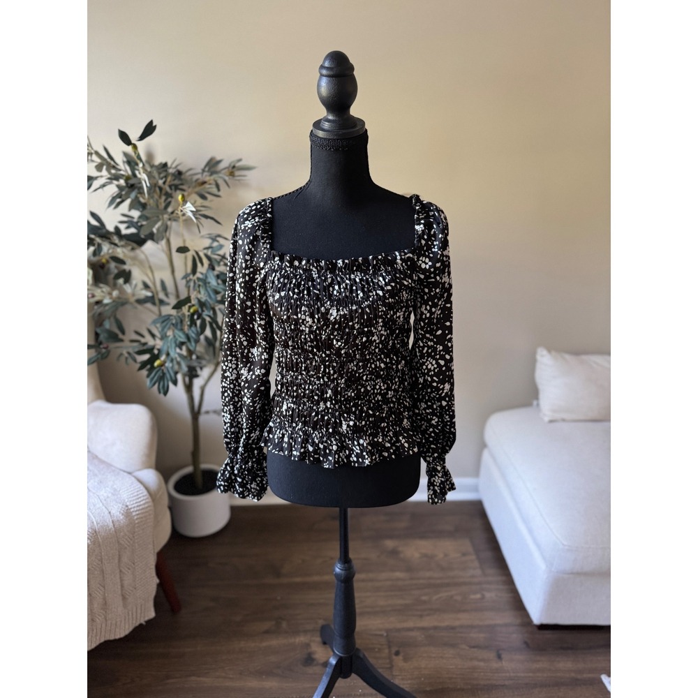 A New Day Black White Abstract Print Smocked Square Neck Long Sleeve Top M